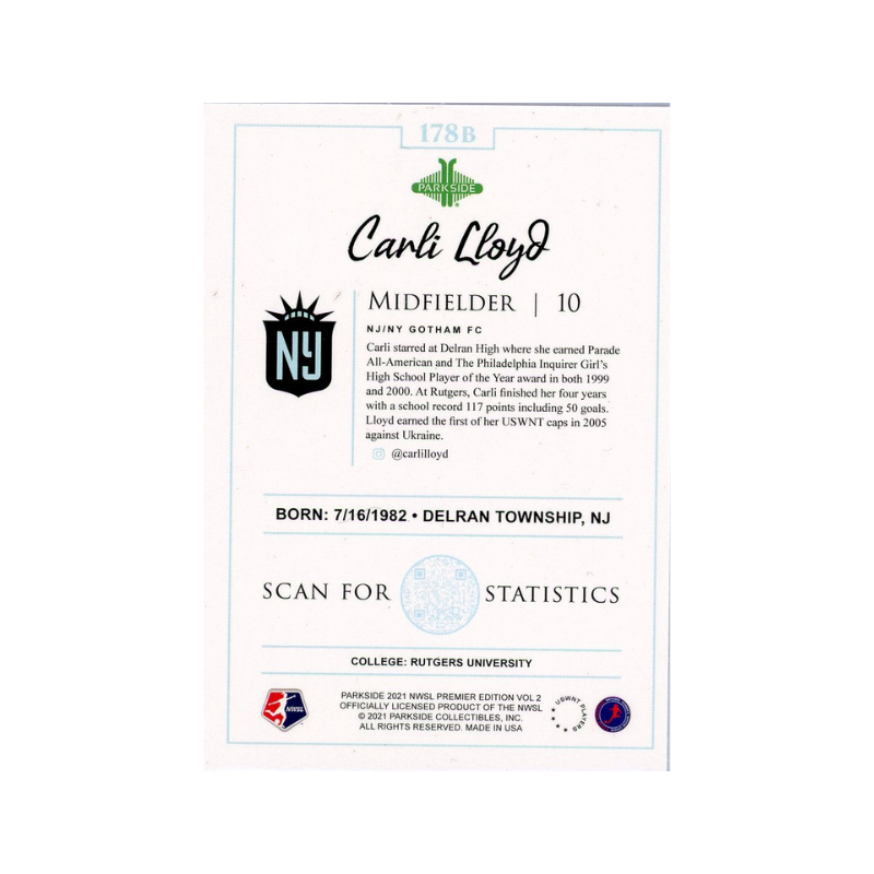Carli Lloyd Signed 2021 NWSL Premier Parkside Soccer Card-Powers Sports Memorabilia