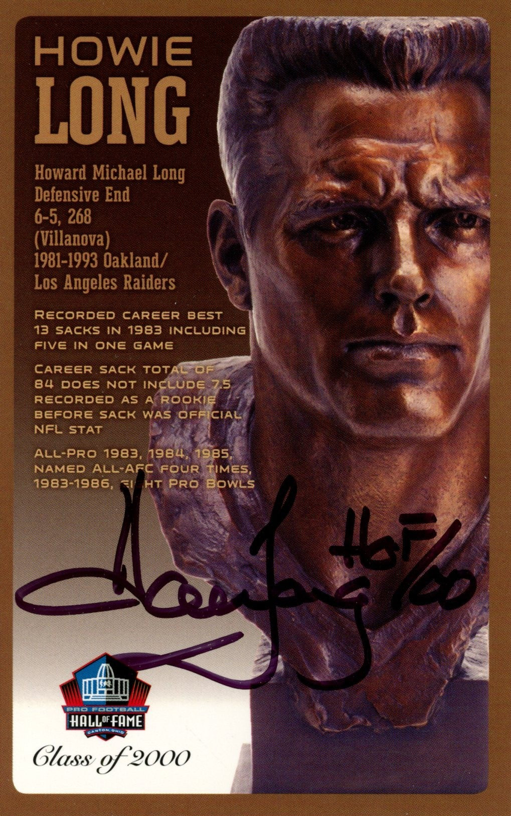 Howie Long Signed Oakland Raiders HOF Postcard HOF 00-Powers Sports Memorabilia
