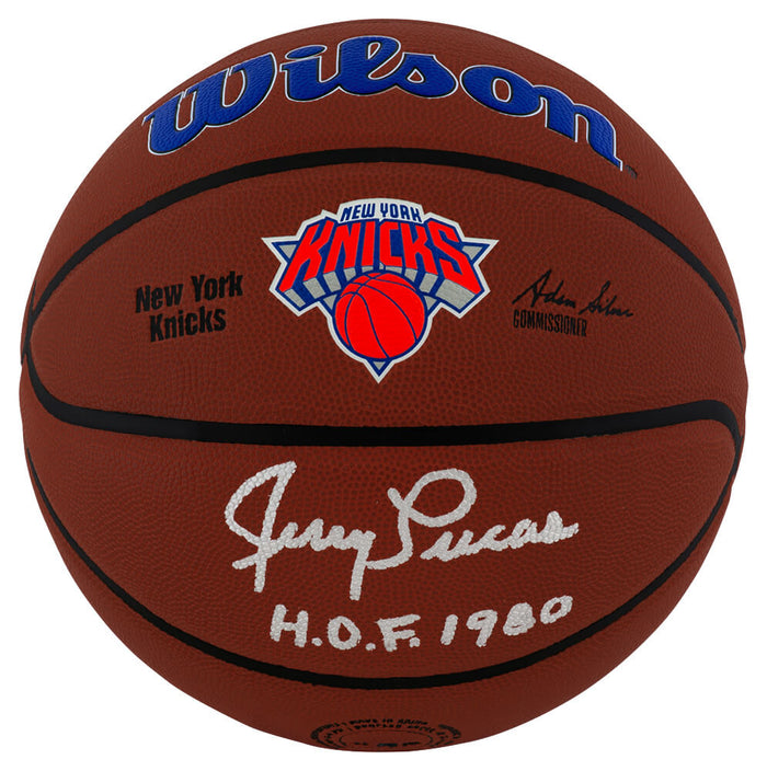 Jerry Lucas Autographed New York Knicks Logo Wilson NBA Basketball with HOF'80-Powers Sports Memorabilia