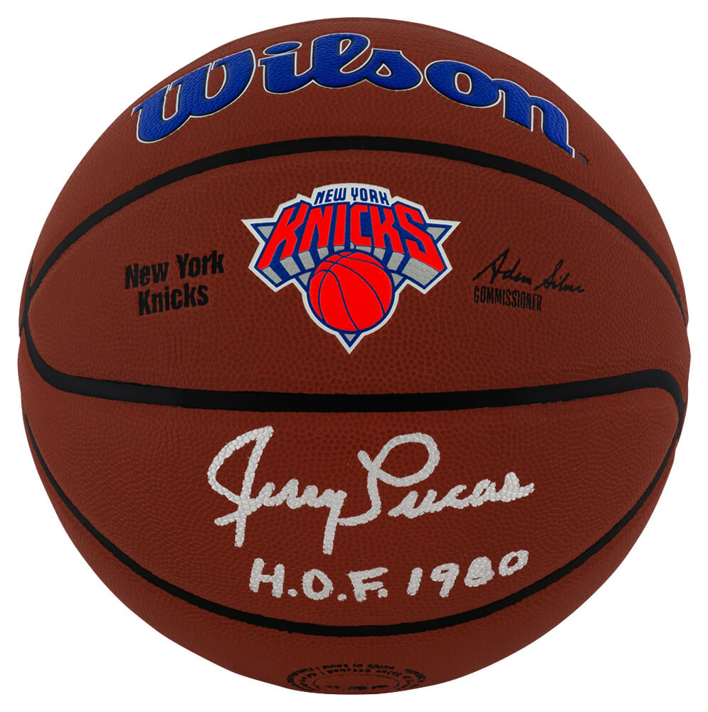 Jerry Lucas Autographed New York Knicks Logo Wilson NBA Basketball with HOF'80-Powers Sports Memorabilia