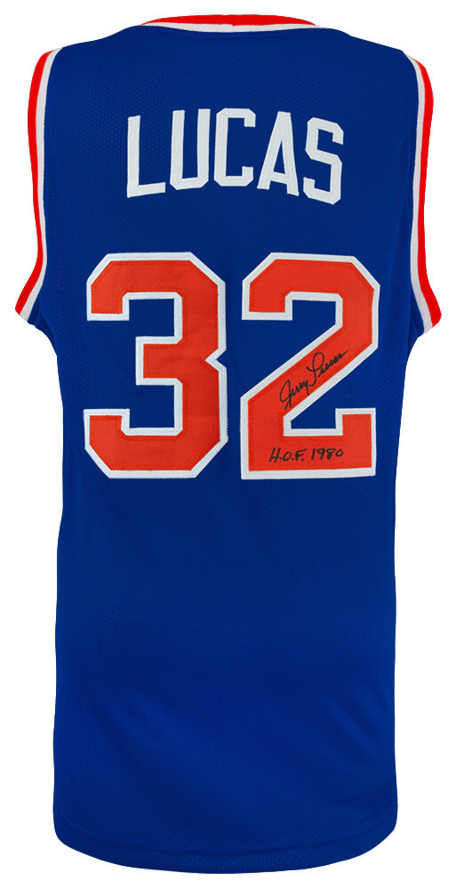 Jerry Lucas Autographed Blue Custom Basketball Jersey with HOF 1980-Powers Sports Memorabilia