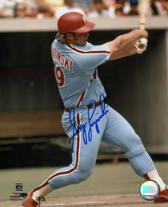 Greg Luzinski Autographed Philadelphia Phillies Blue Jersey Batting 8x10 Photo-Powers Sports Memorabilia