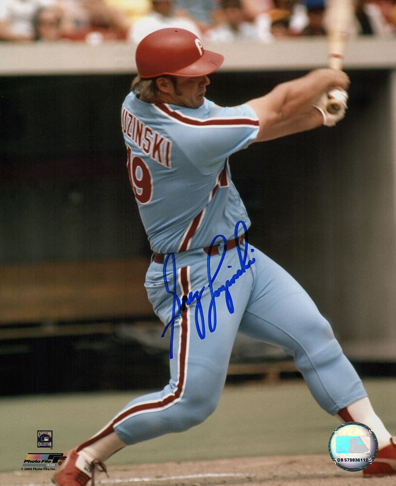 Greg Luzinski Autographed Philadelphia Phillies Blue Jersey Batting 8x10 Photo-Powers Sports Memorabilia