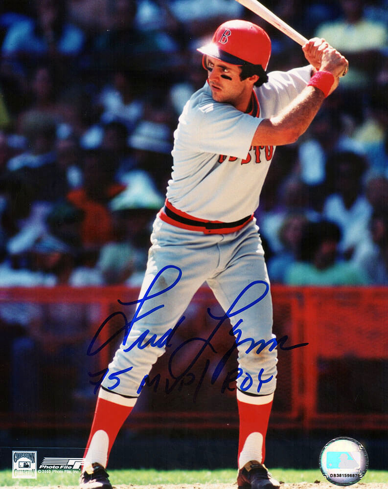 Fred Lynn Autographed Boston Red Sox Batting 8x10 Photo with 75 MVP-ROY-Powers Sports Memorabilia
