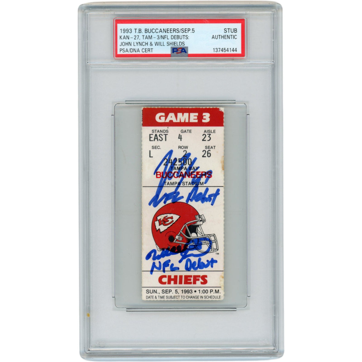 John Lynch Will Shields Tampa Bay Buccaneers Signed Card - NFL Debut Ticket PSA Beckett-Powers Sports Memorabilia