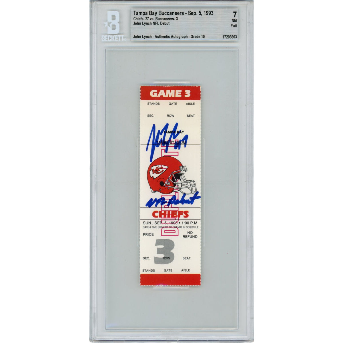 John Lynch Tampa Bay Buccaneers Signed Card - NFL Debut Ticket Stub Beckett Beckett-Powers Sports Memorabilia