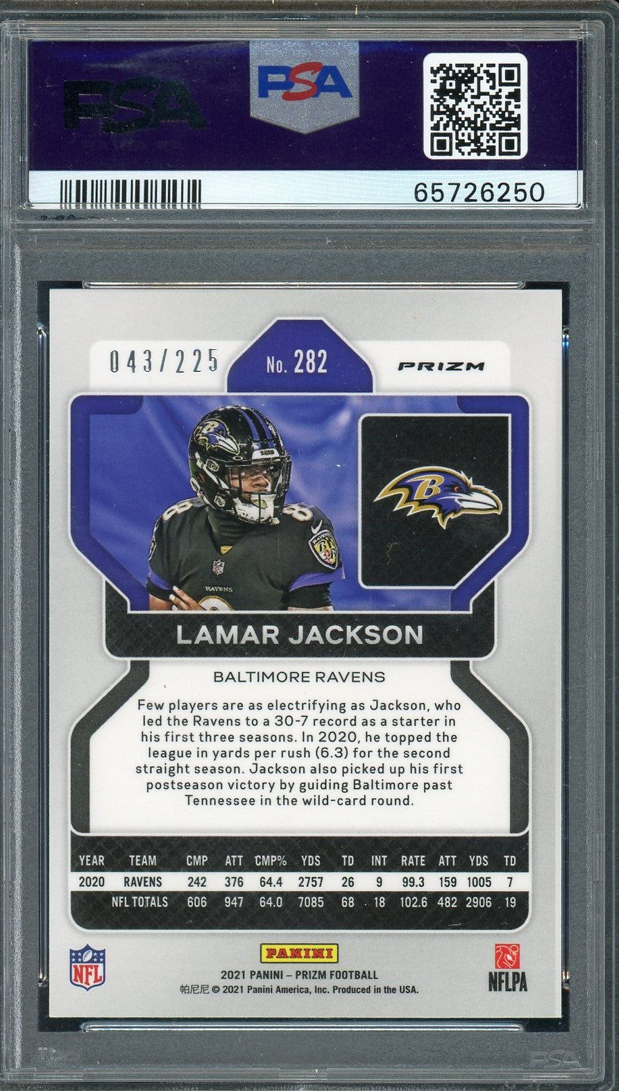 Lamar Jackson 2021 Panini Prizm Purple Ice Football Card #282 PSA 10 43/225-Powers Sports Memorabilia