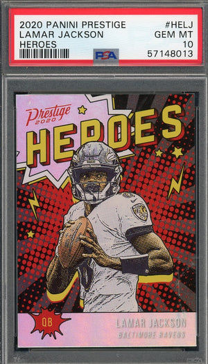 Lamar Jackson 2020 Panini Prestige Heroes Football Card #HELJ Graded PSA 10-Powers Sports Memorabilia
