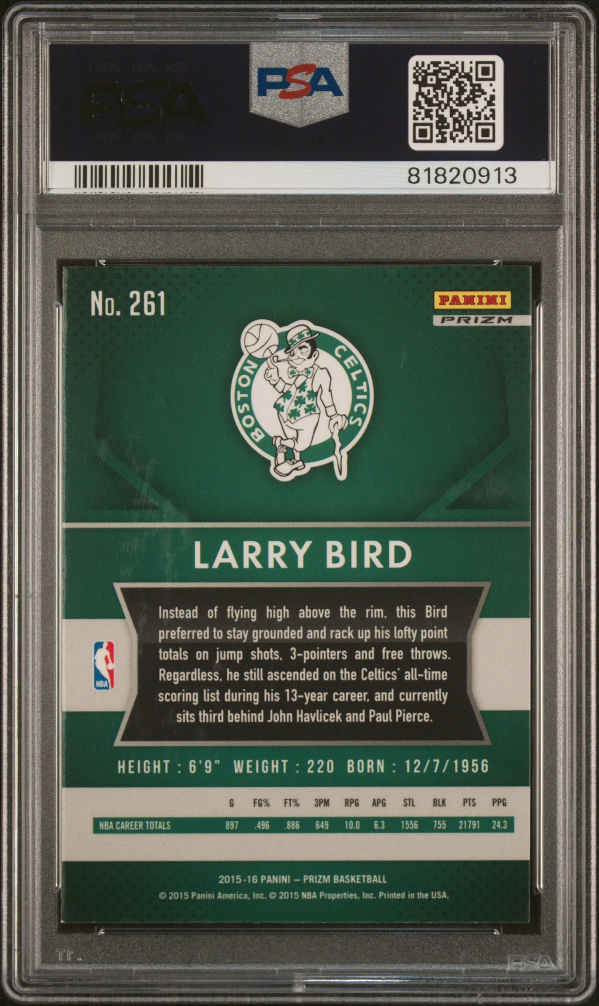 Larry Bird 2015 Panini Green Prizm Signed Basketball Card #261 Auto PSA 81820913-Powers Sports Memorabilia
