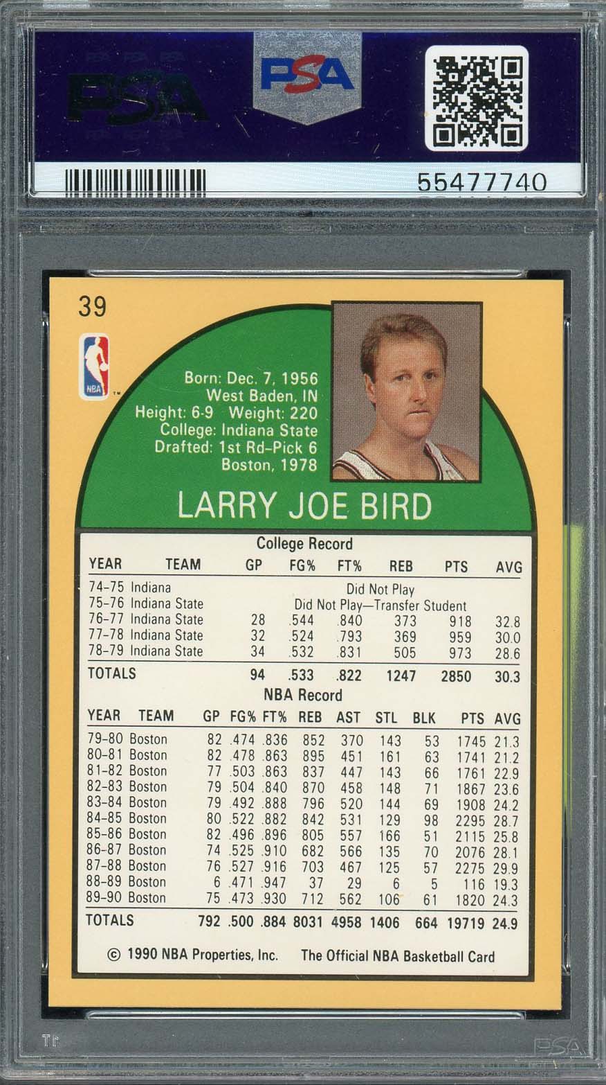 Larry Bird 1990 Hoops Basketball Card #39 Graded PSA 9-Powers Sports Memorabilia