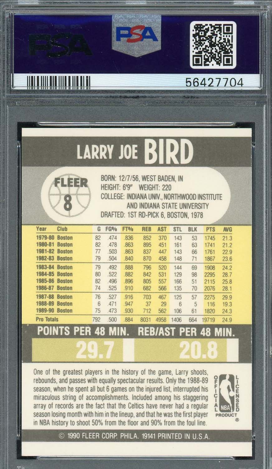 Larry Bird 1990 Fleer Basketball Card #8 Graded PSA 9-Powers Sports Memorabilia
