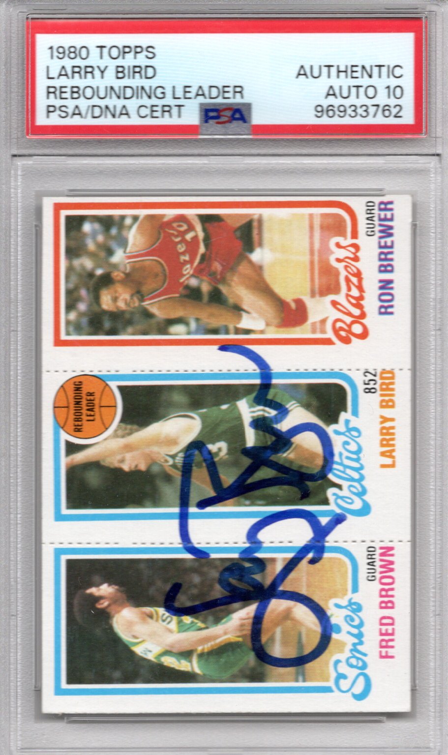 Larry Bird Signed Boston Celtics 1980 Topps Rebounding Leader Rookie Card PSA AUTHENTIC AUTO 10-Powers Sports Memorabilia