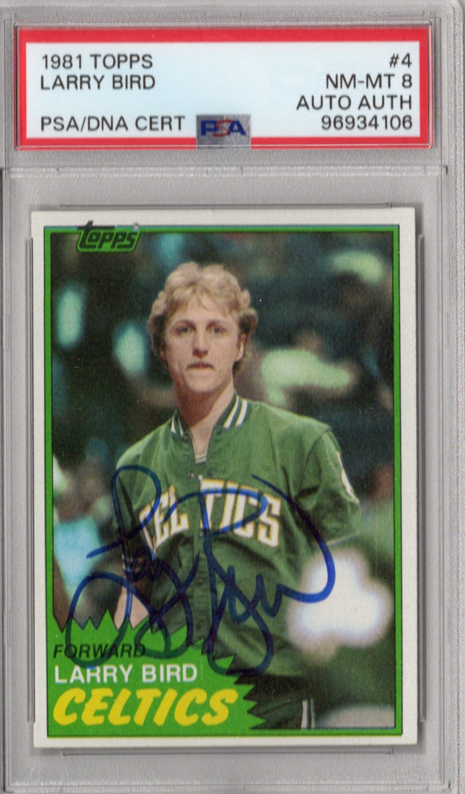 Larry Bird Signed Boston Celtics 1981 Topps #4 Card PSA NM-MT 8 AUTO 10-Powers Sports Memorabilia