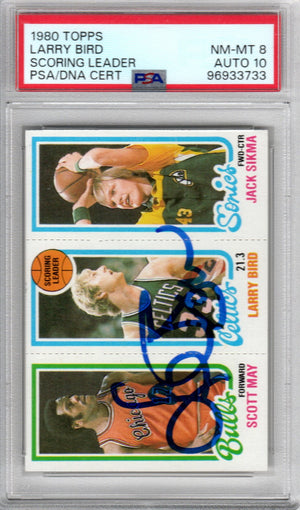 Larry Bird Signed 1980 Topps Celtics Leader Rookie Card PSA 8 AUTO 10-Powers Sports Memorabilia