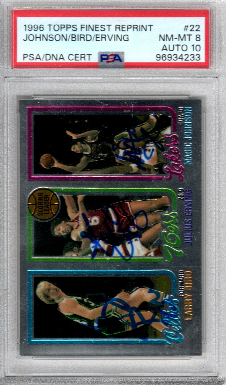Bird, Magic & Dr. J Signed 1996 Topps Finest Reprint PSA 8 AUTO 10-Powers Sports Memorabilia