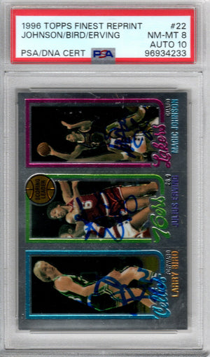 Bird, Magic & Dr. J Signed 1996 Topps Finest Reprint PSA 8 AUTO 10-Powers Sports Memorabilia