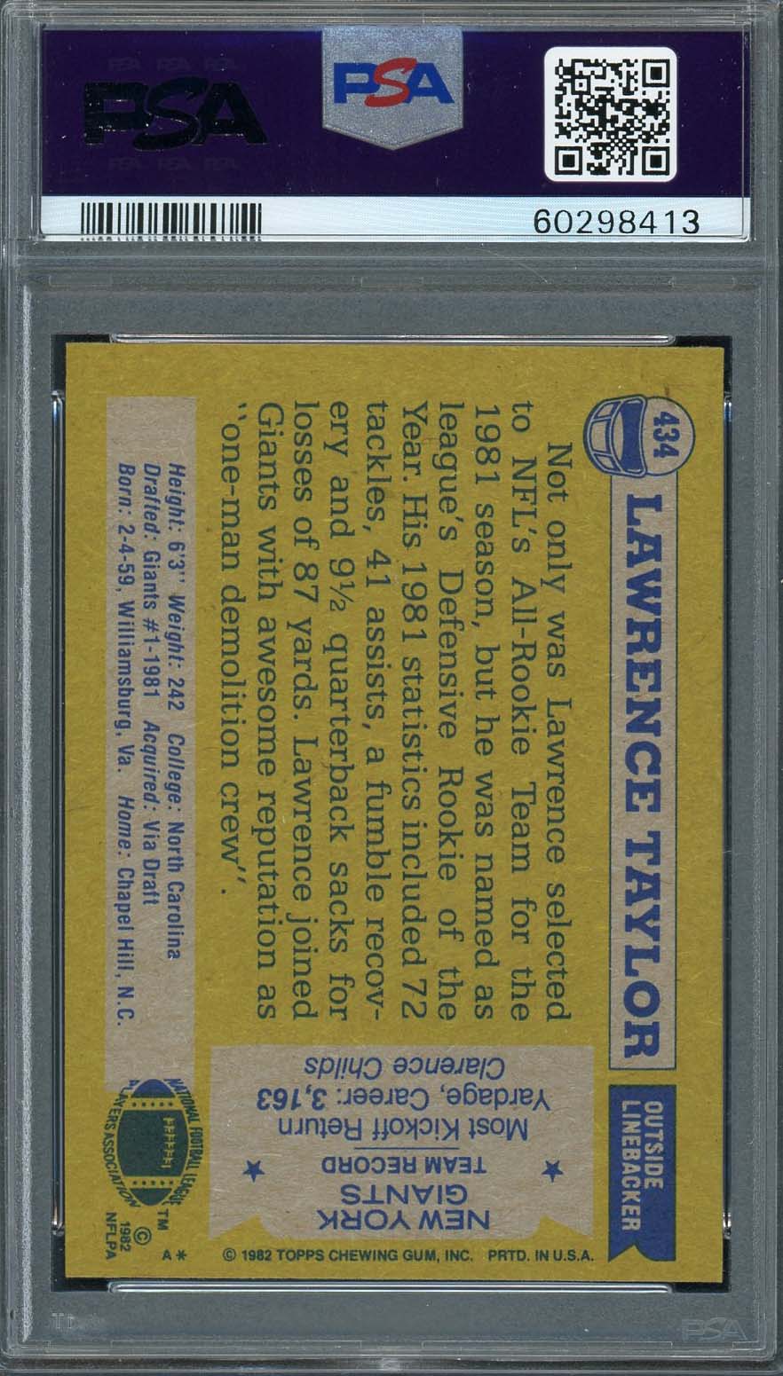 Lawrence Taylor 1982 Topps All-Pro Football Rookie Card RC #434 Graded PSA 6-Powers Sports Memorabilia