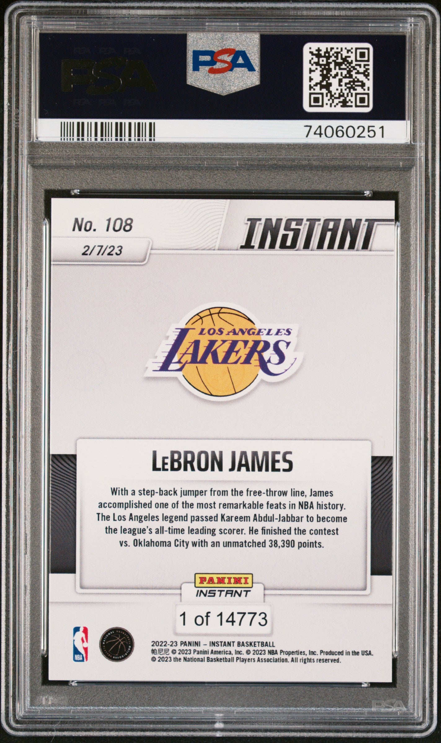 LeBron James 2022 Panini Instant Breaks Kareem’s Scoring Record Card #108 PSA 10-Powers Sports Memorabilia
