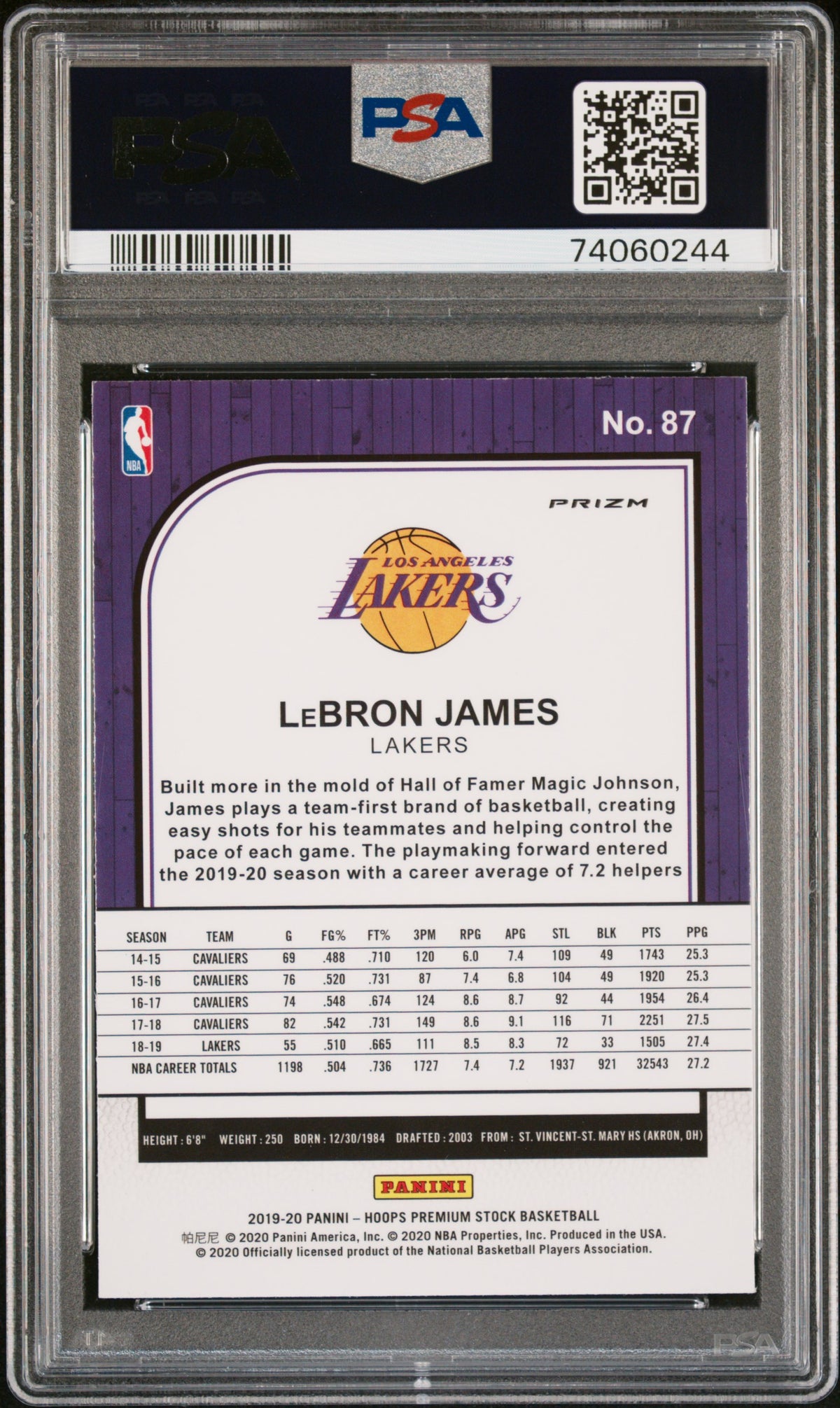 LeBron James 2019 Panini Hoops Premium Stock Purple Disco Card #87 Graded PSA 10-Powers Sports Memorabilia