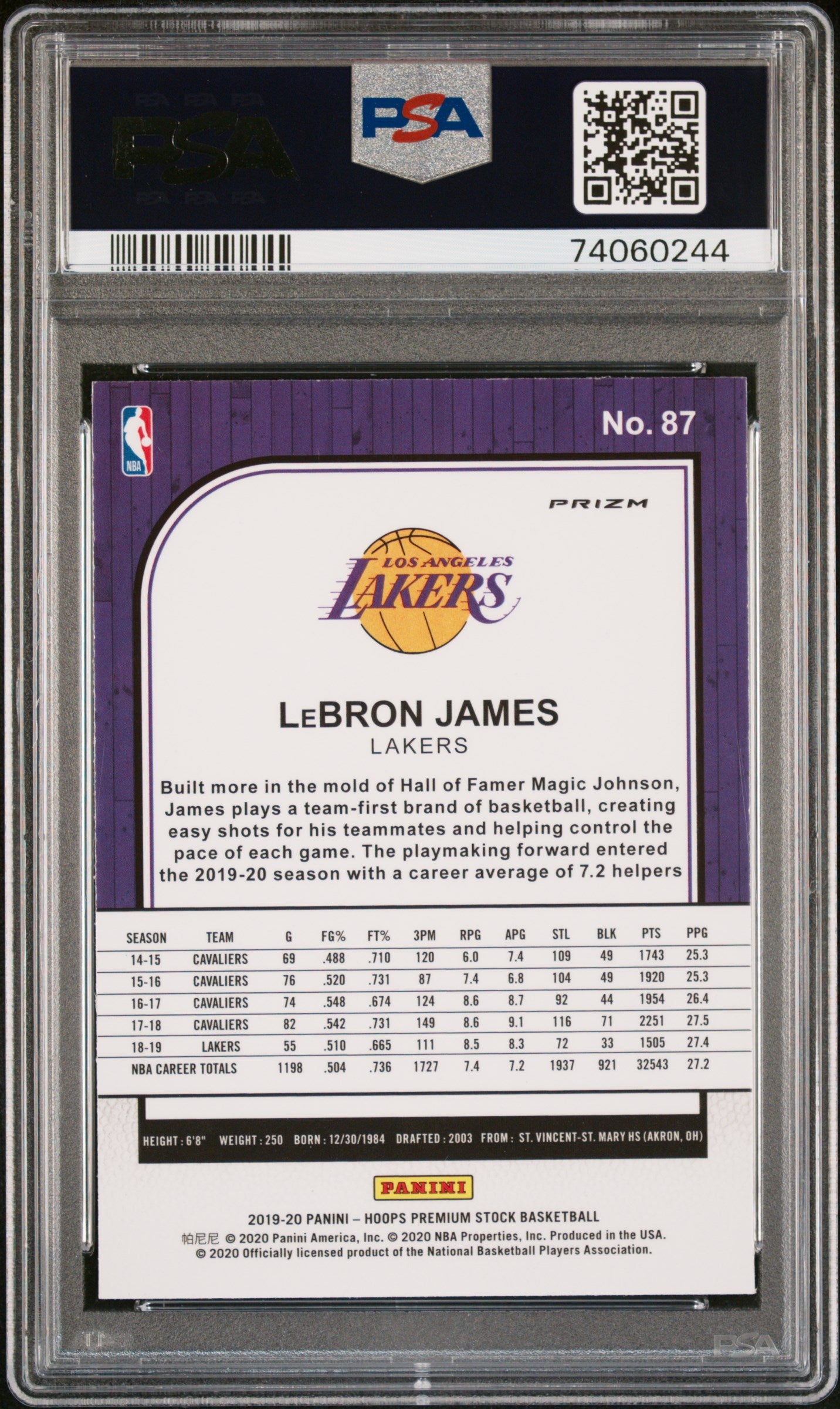 LeBron James 2019 Panini Hoops Premium Stock Purple Disco Card #87 Graded PSA 10-Powers Sports Memorabilia
