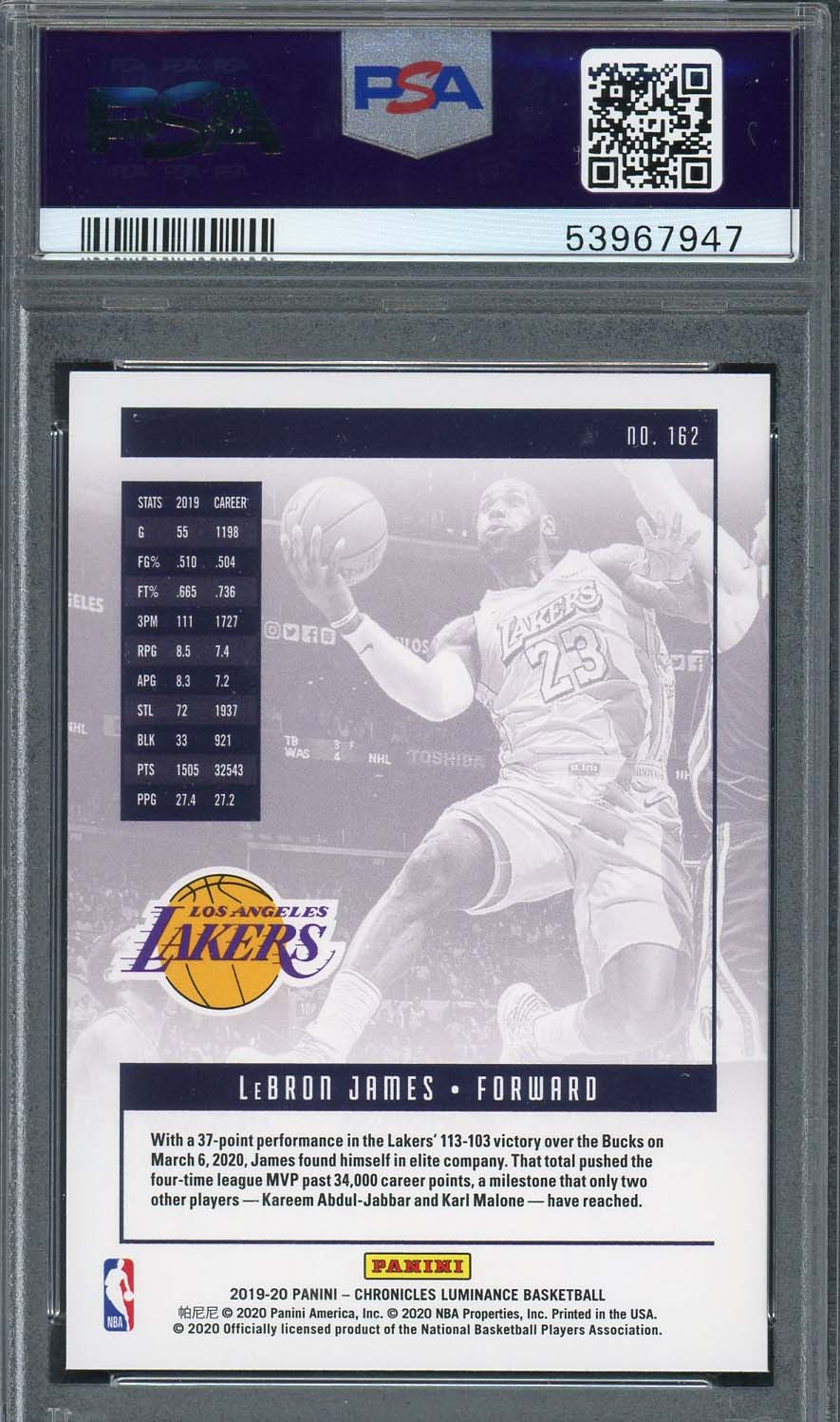 LeBron James 2019 Panini Chronicles Basketball Card #162 Graded PSA 10-Powers Sports Memorabilia