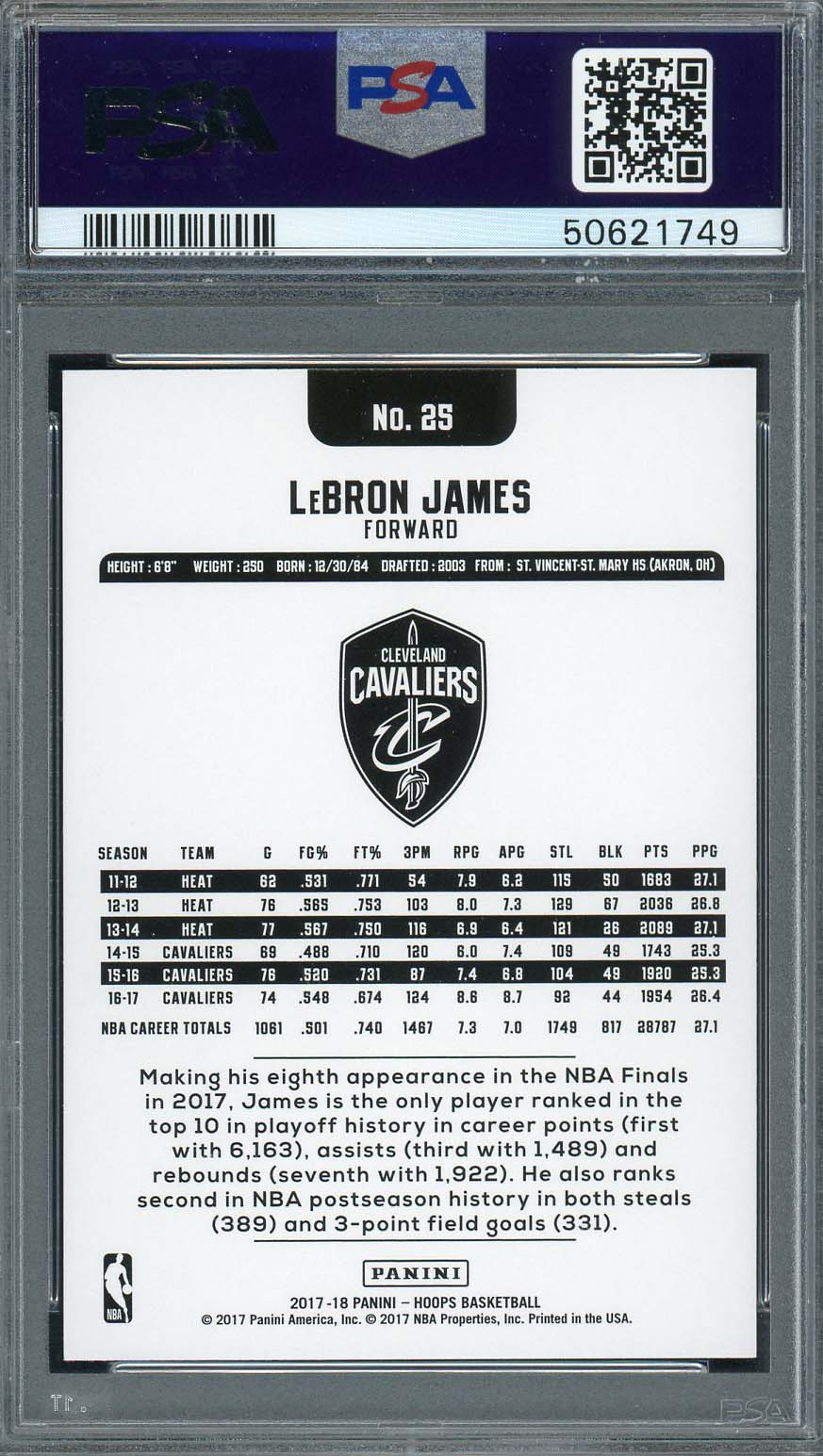 LeBron James 2017 Panini Hoops Basketball Card #25 Graded PSA 10-Powers Sports Memorabilia