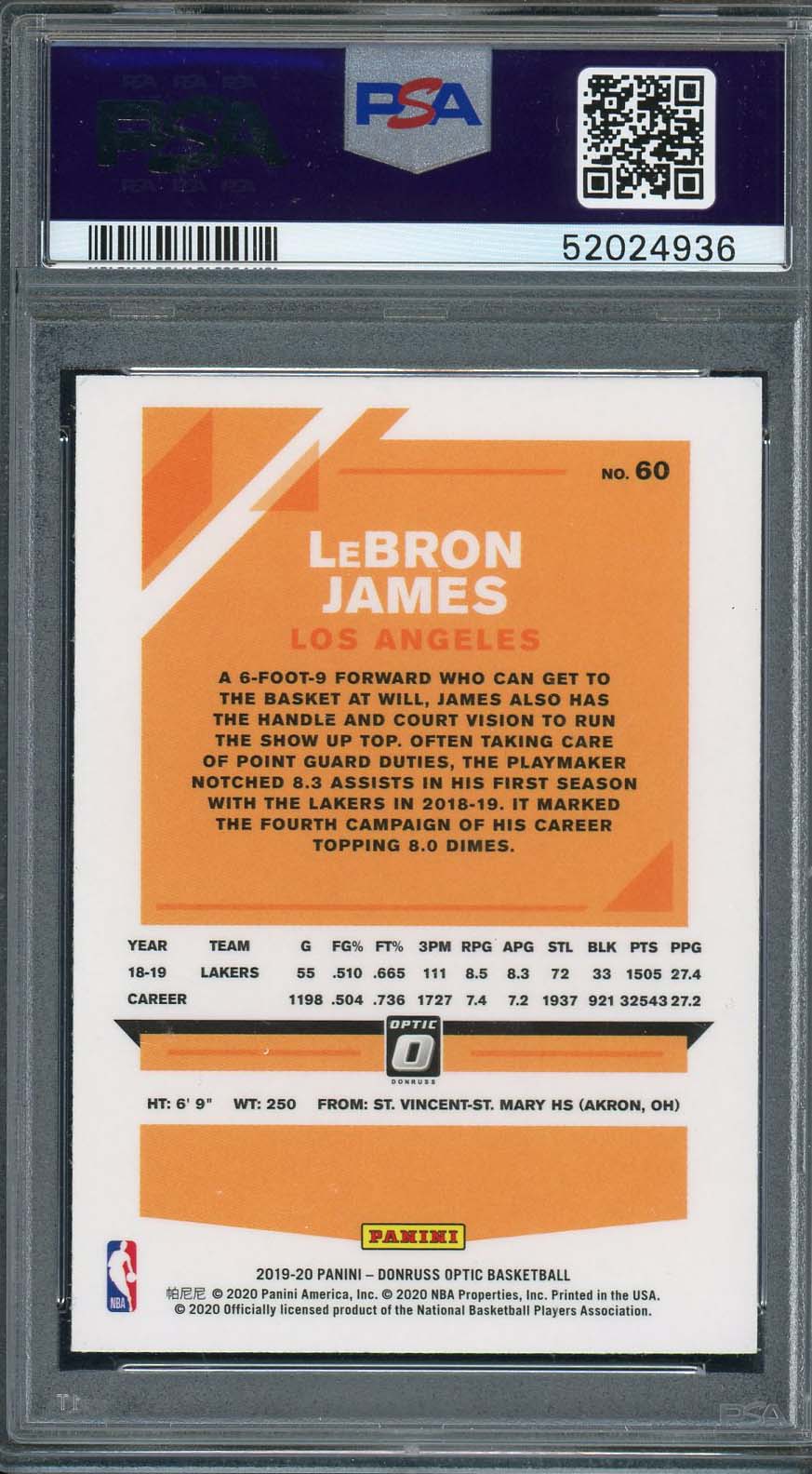 LeBron James 2019 Panini Donruss Optic Basketball Card #60 Graded PSA 10-Powers Sports Memorabilia