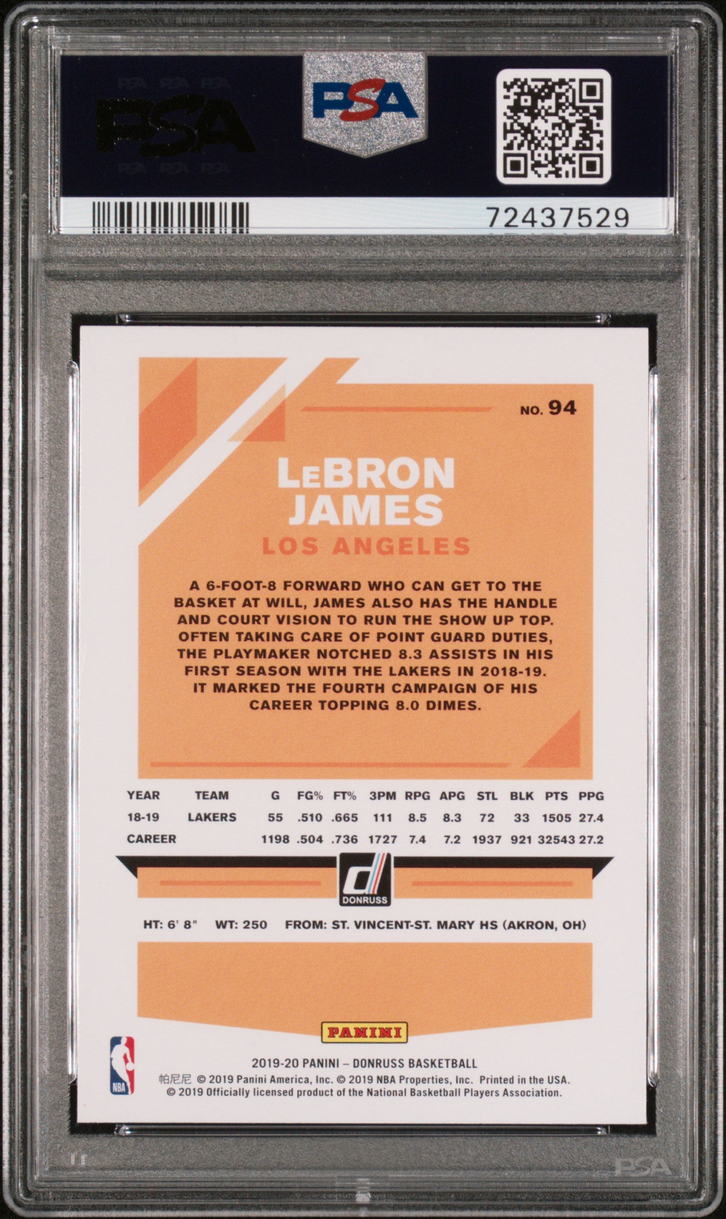 LeBron James 2019 Panini Donruss Basketball Card #94 Graded PSA 10-Powers Sports Memorabilia