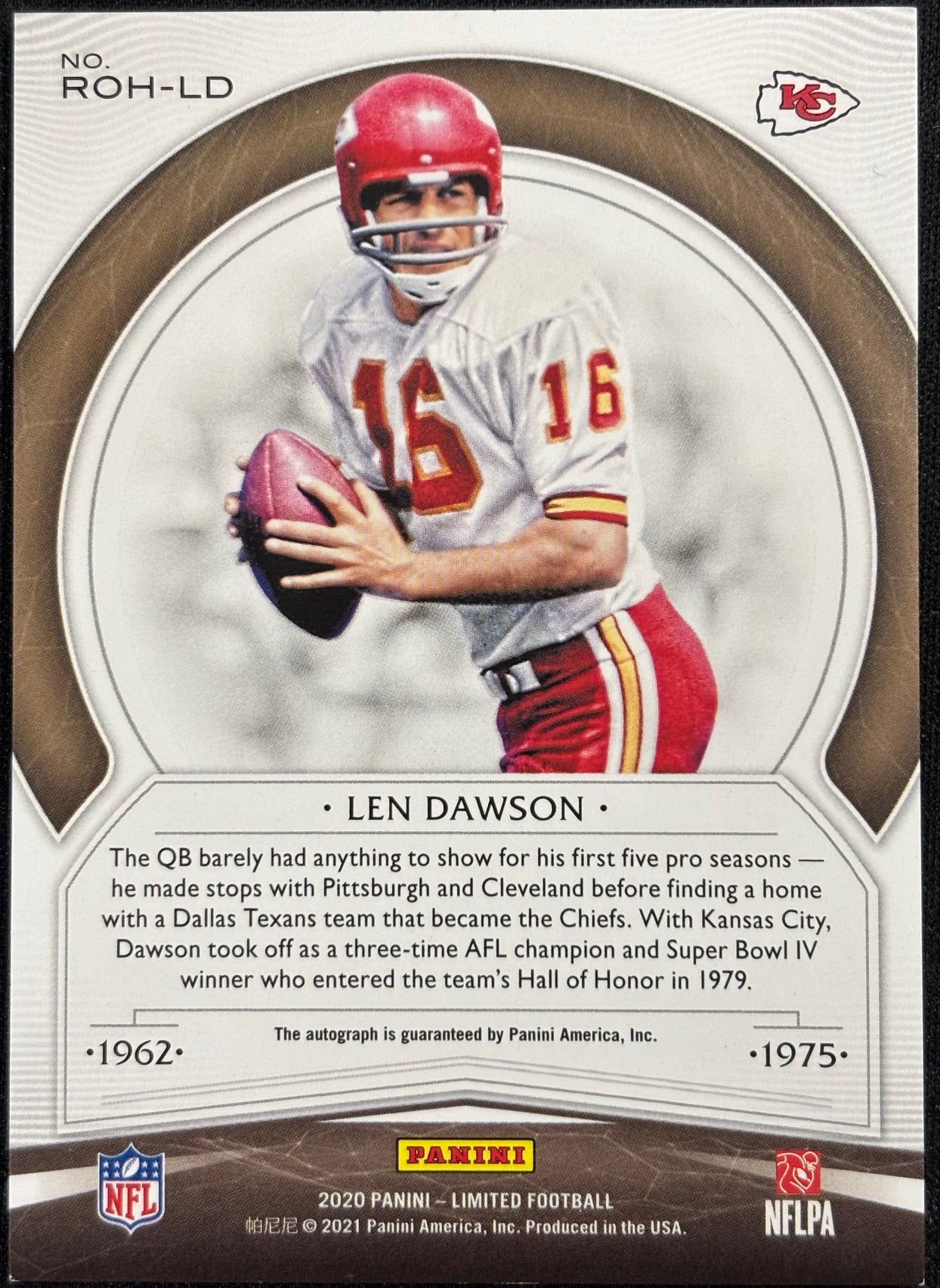 Len Dawson 2020 Panini Limited Ring of Honor Signed Football Card #ROH-LD Auto 65/99-Powers Sports Memorabilia