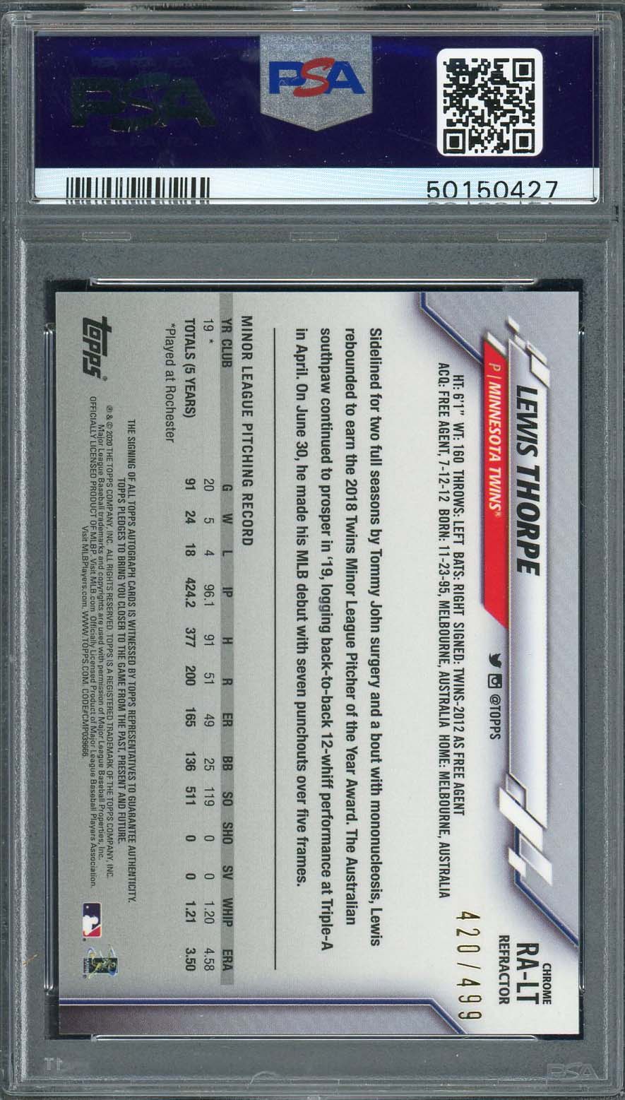Luis Thorpe 2020 Topps Chrome Rookie Auto Refractor Card #RALT Graded PSA 9 /499-Powers Sports Memorabilia