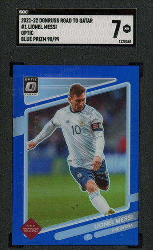 Lionel Messi 2021-22 Donruss Optic Road to Qatar Blue Prizm Card #1 SGC 7 90/99-Powers Sports Memorabilia