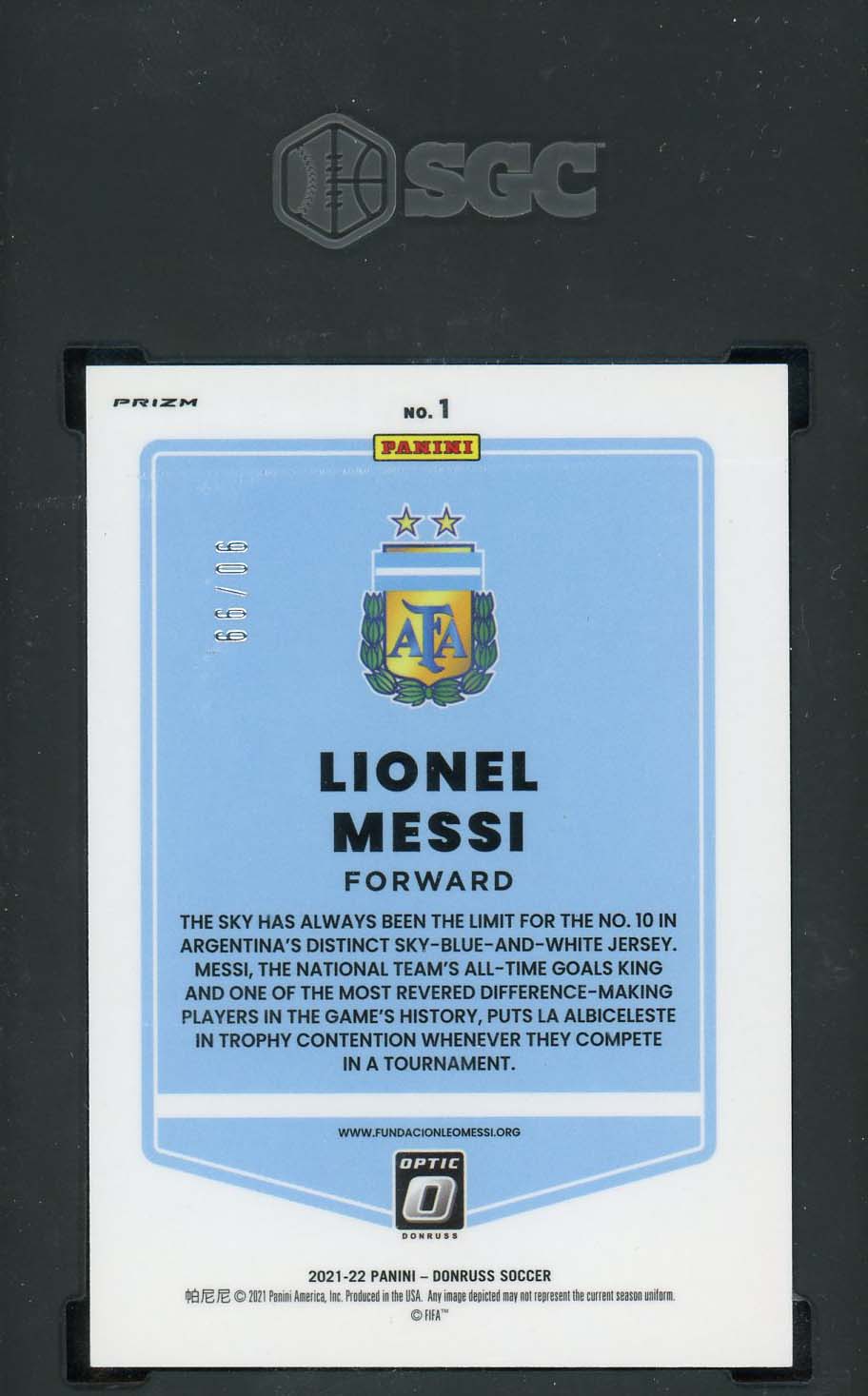 Lionel Messi 2021-22 Donruss Optic Road to Qatar Blue Prizm Card #1 SGC 7 90/99-Powers Sports Memorabilia