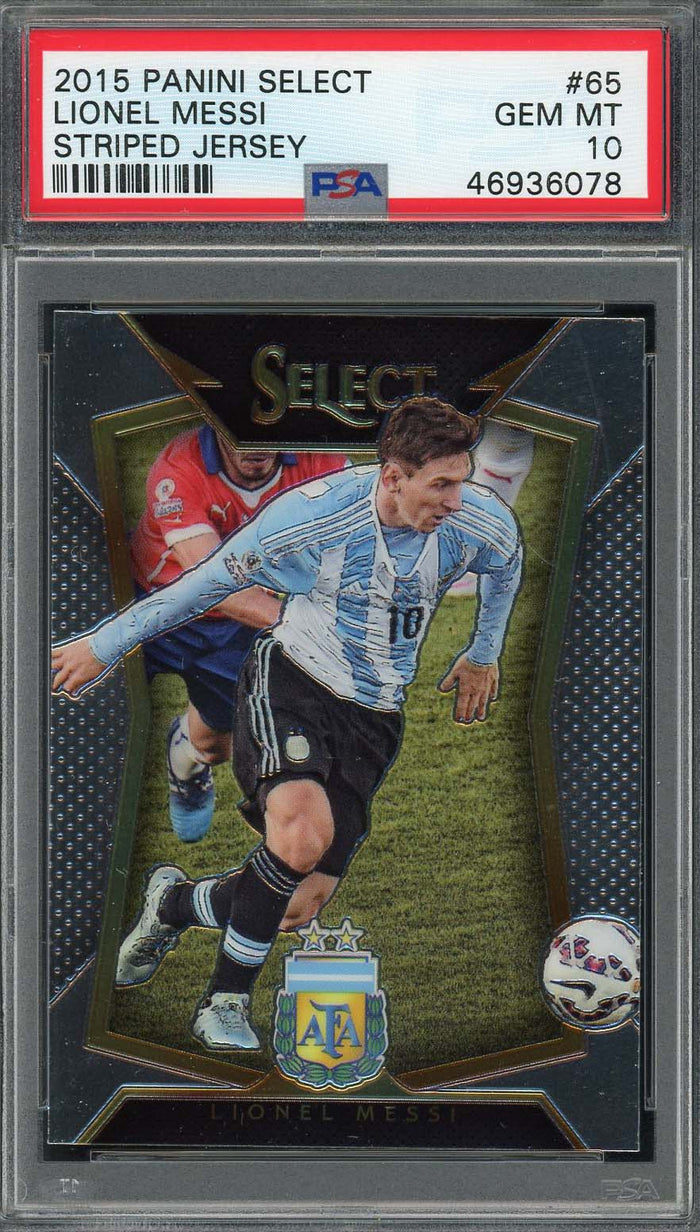 Lionel Messi 2015 Panini Select Striped Jersey Soccer Graded Card #65 PSA 10-Powers Sports Memorabilia