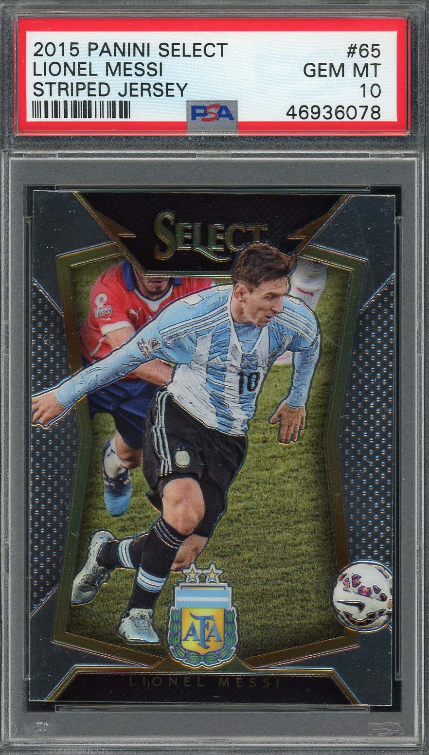 Lionel Messi 2015 Panini Select Striped Jersey Soccer Graded Card #65 PSA 10-Powers Sports Memorabilia