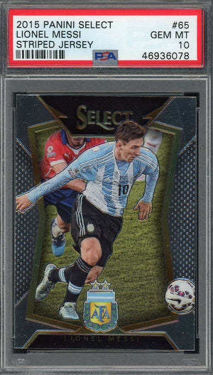 Lionel Messi 2015 Panini Select Striped Jersey Soccer Graded Card #65 PSA 10-Powers Sports Memorabilia