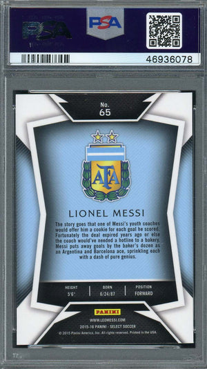 Lionel Messi 2015 Panini Select Striped Jersey Soccer Graded Card #65 PSA 10-Powers Sports Memorabilia