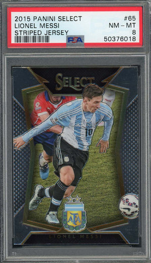 Lionel Messi 2015 Panini Select Striped Jersey Soccer Graded Card #65 PSA 8-Powers Sports Memorabilia