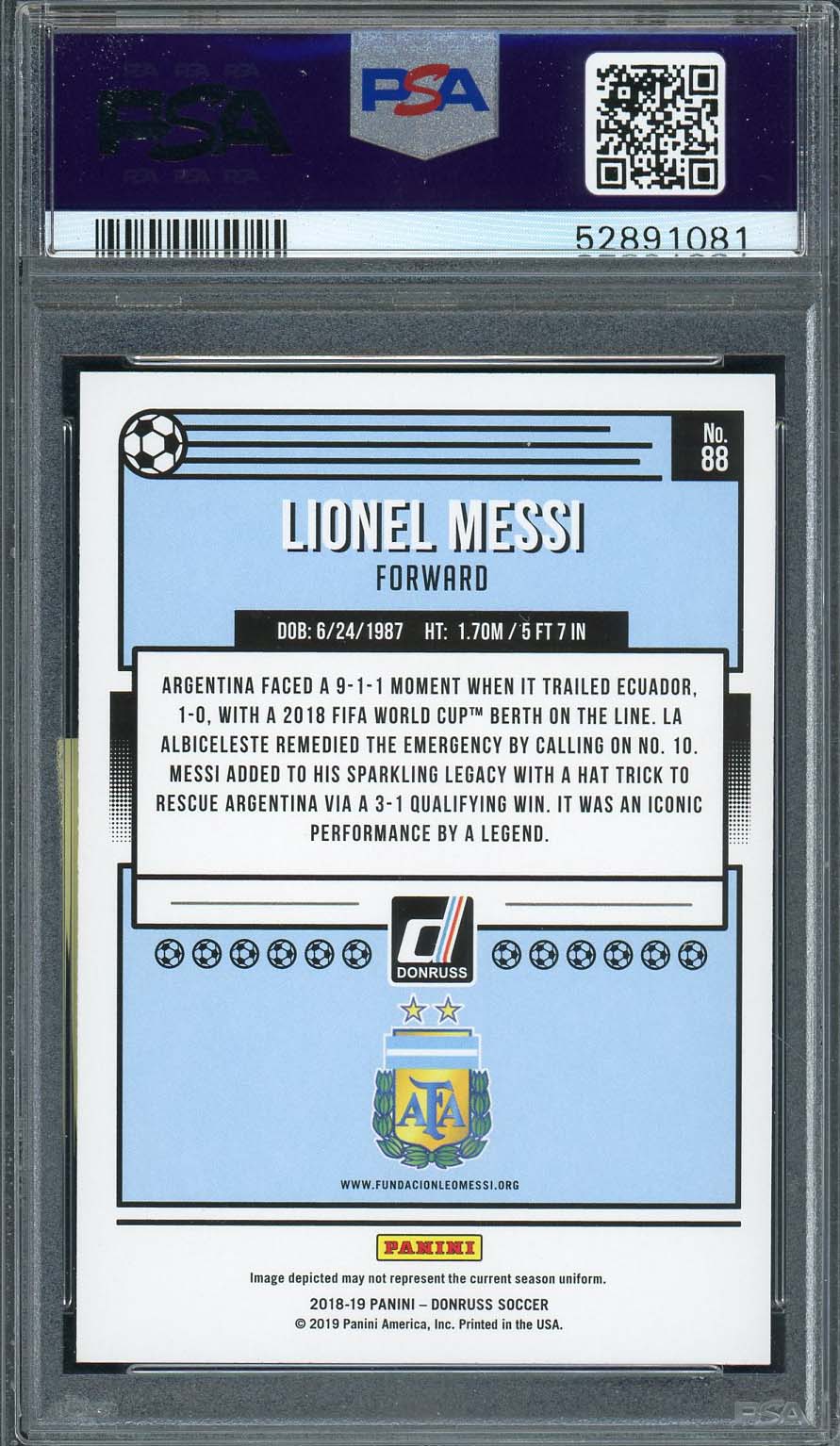 Lionel Messi 2018 Panini Donruss Soccer Card #88 Graded PSA 10-Powers Sports Memorabilia