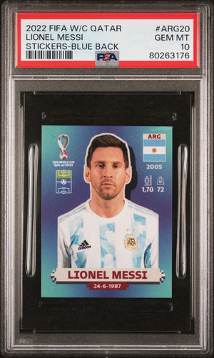 Lionel Messi 2022 World Cup Qatar Blue Back Soccer Card #ARG20 Graded PSA 10-Powers Sports Memorabilia