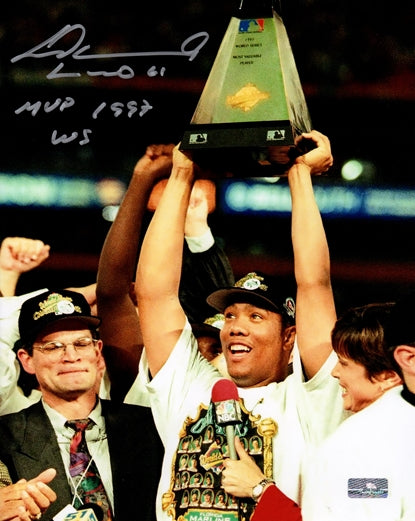 Autographed Livan Hernandez Florida Marlins (World Series Trophy) 8x10 Photo w/ "MVP 1997 WS"-Powers Sports Memorabilia