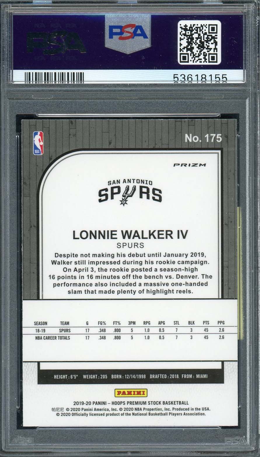 Lonnie Walker IV 2019 Panini Hoops Premium Stock Pulsar Card #175 PSA 10-Powers Sports Memorabilia