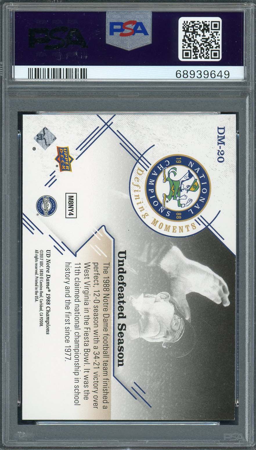 Lou Holtz 2017 Upper Deck Notre Dame 1988 Champions Signed Card #DM-20 Auto PSA-Powers Sports Memorabilia