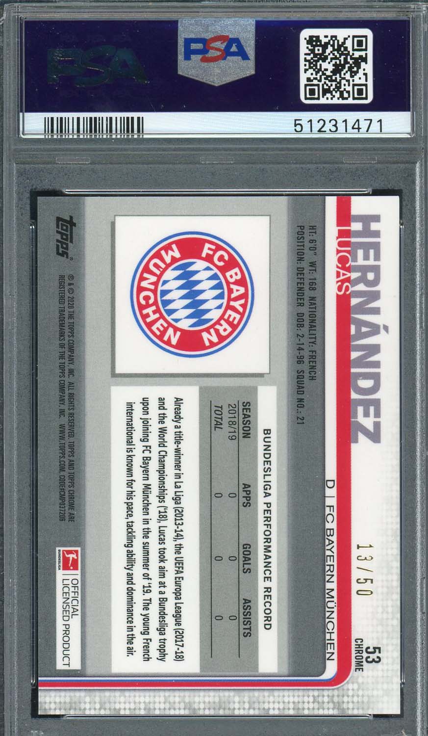 Lucas Hernandez 2019 Topps Chrome Bundesliga Gold Refractor Card PSA 10 /50-Powers Sports Memorabilia