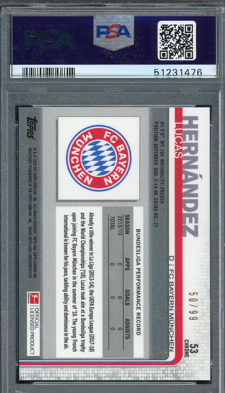 Lucas Hernandez 2019 Topps Chrome Bundesliga Green Refractor Card PSA 10 /99-Powers Sports Memorabilia