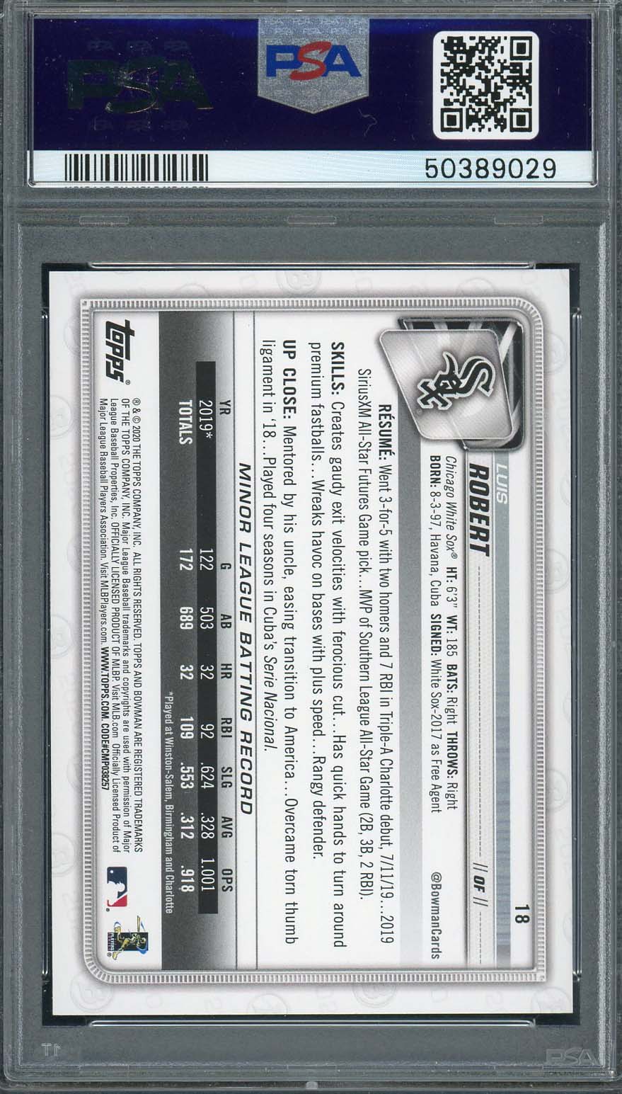 Luis Robert 2020 Bowman Baseball Rookie Card RC #18 Graded PSA 10 GEM MINT-Powers Sports Memorabilia