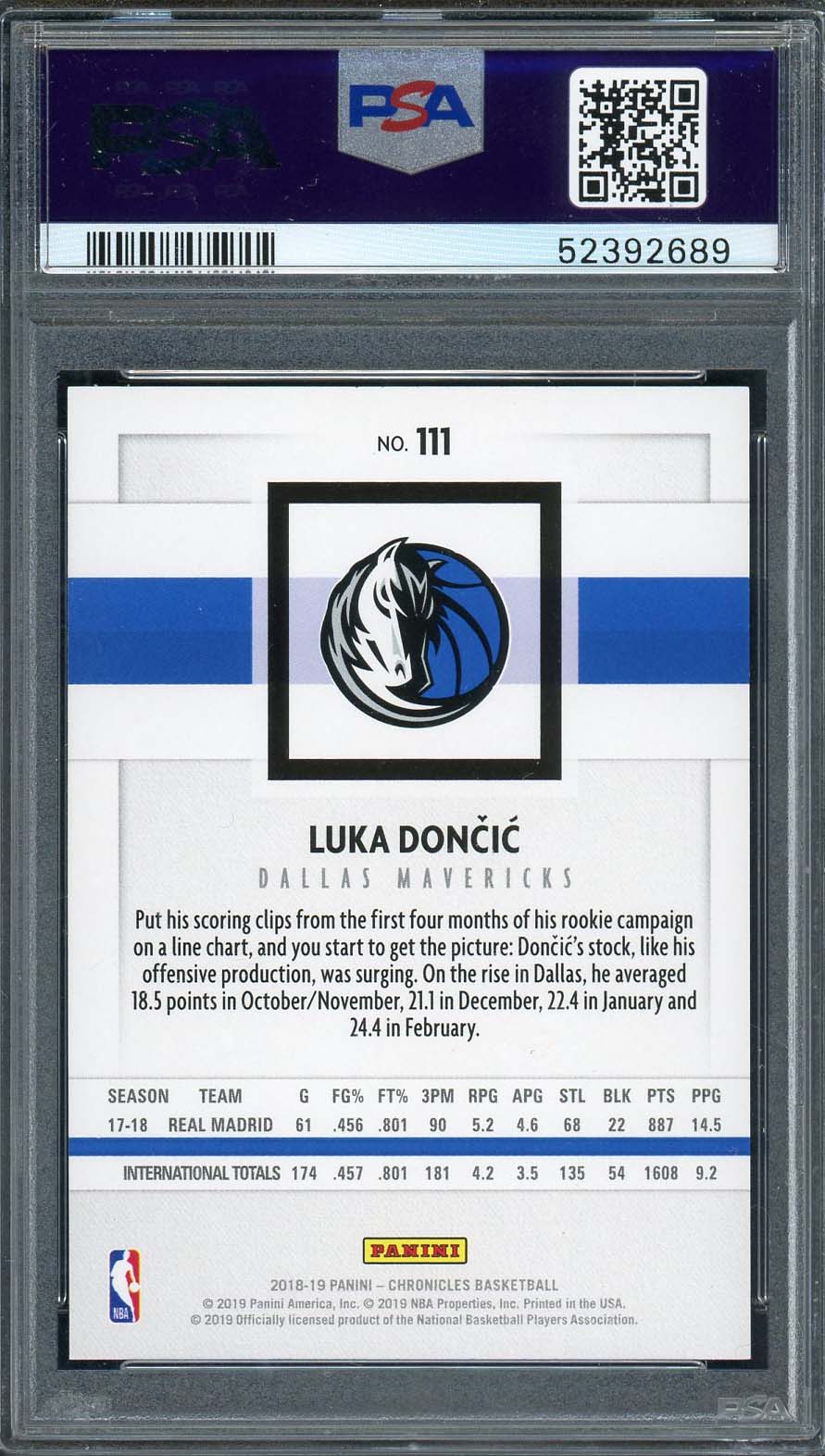 Luka Doncic 2018 Panini Chronicles Basketball Rookie Card #111 Graded PSA 9-Powers Sports Memorabilia