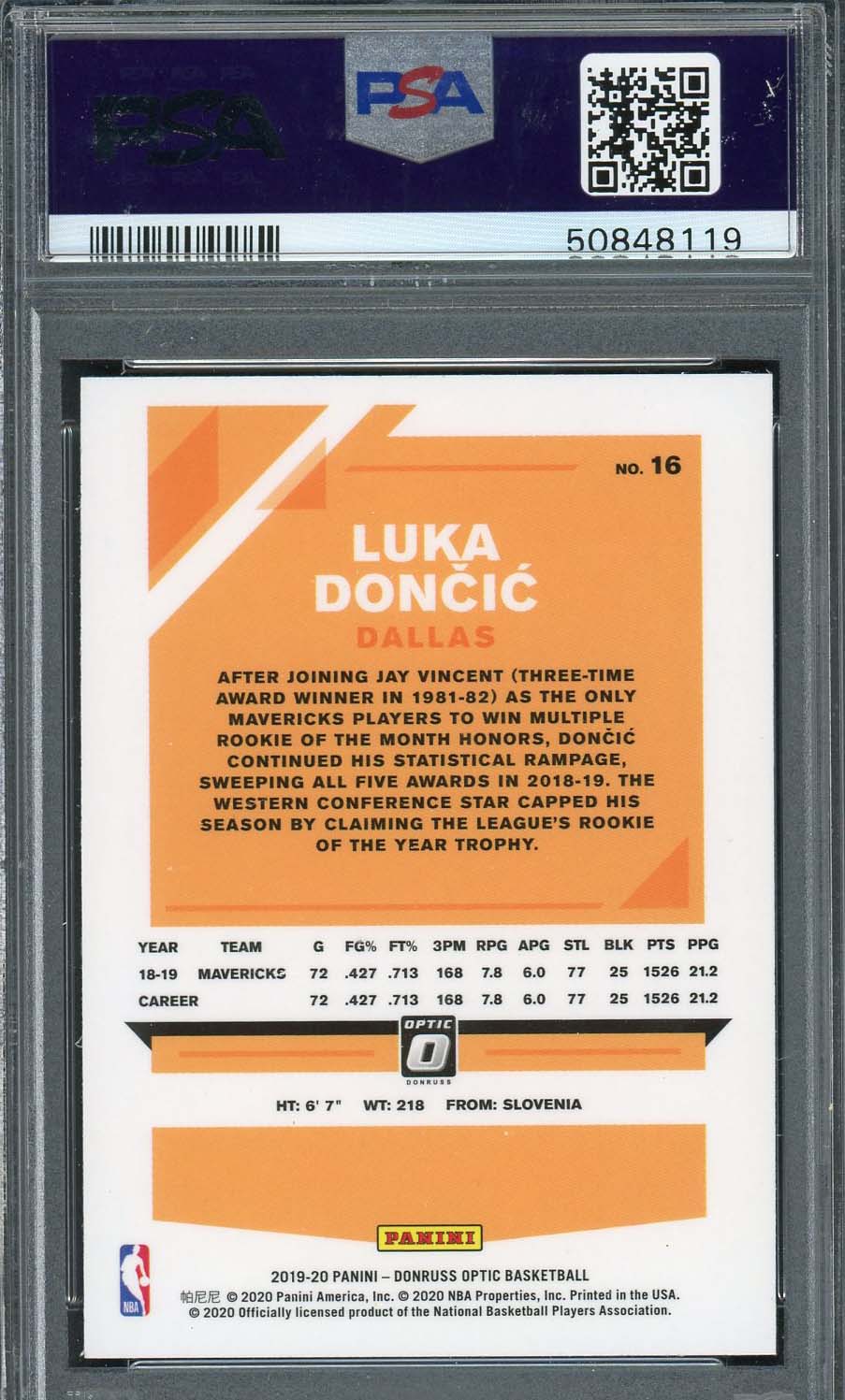 Luka Doncic 2019 Panini Donruss Optic Basketball Card #16 PSA 10-Powers Sports Memorabilia