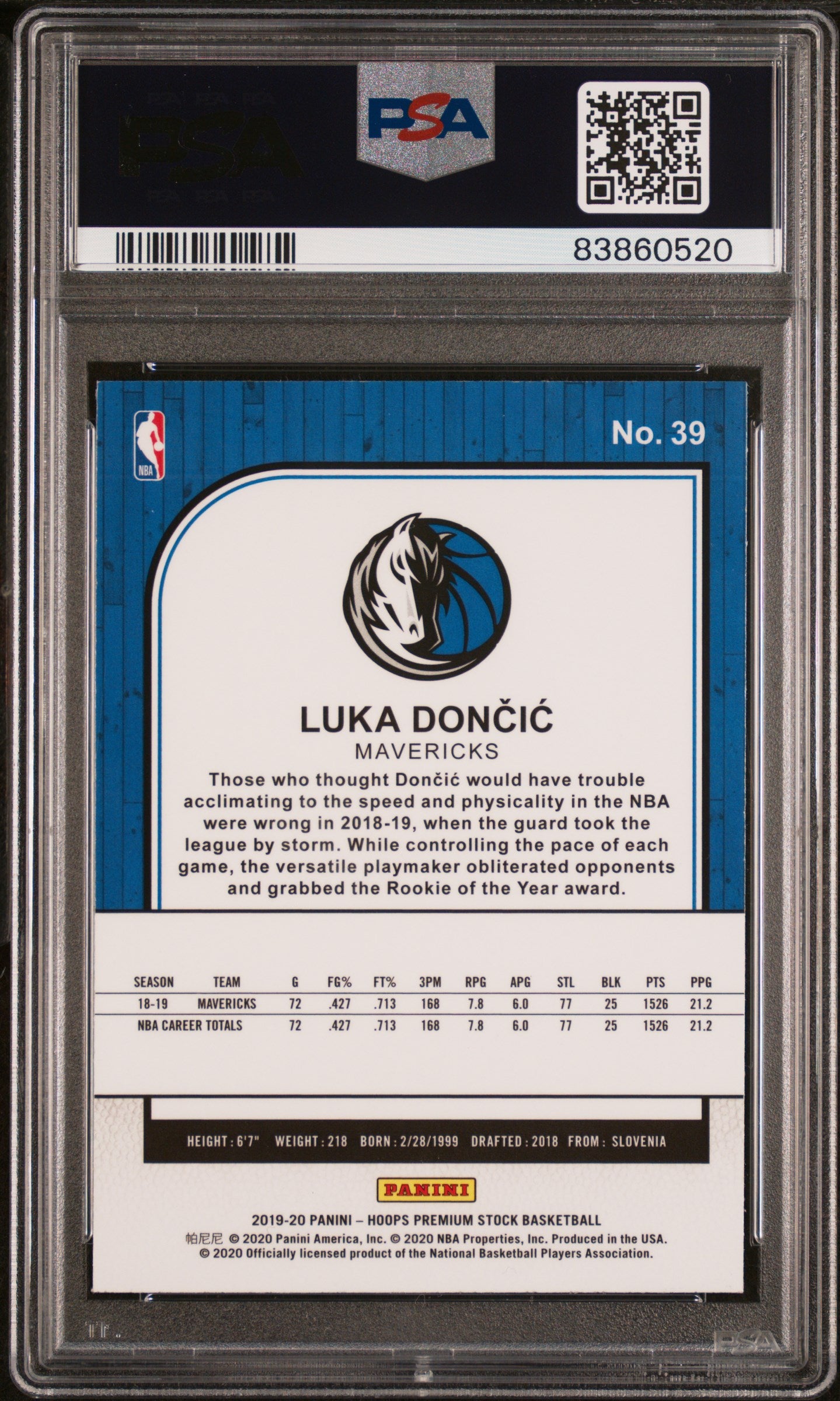 Luka Doncic 2019 Panini Hoops Premium Stock Basketball Card #39 Graded PSA 10-Powers Sports Memorabilia
