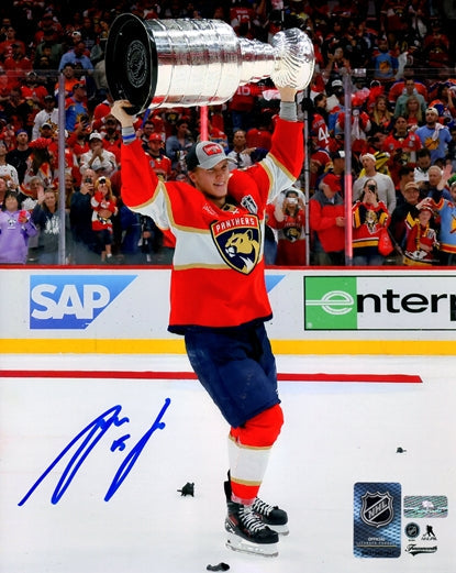 Autographed Anton Lundell Florida Panthers (2024 Stanley Cup Trophy) 8x10 Photo-Powers Sports Memorabilia