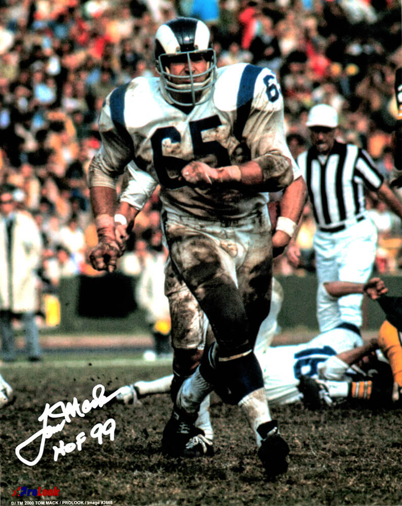 Tom Mack Los Angeles Rams Autographed Action 8x10 Photo w/ HOF 99-Powers Sports Memorabilia